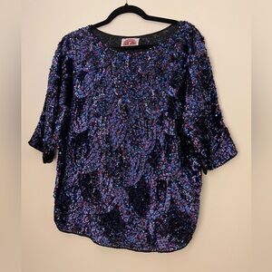 Blue and Purple Sequin Dolman sleeve Top - 80s 00s party